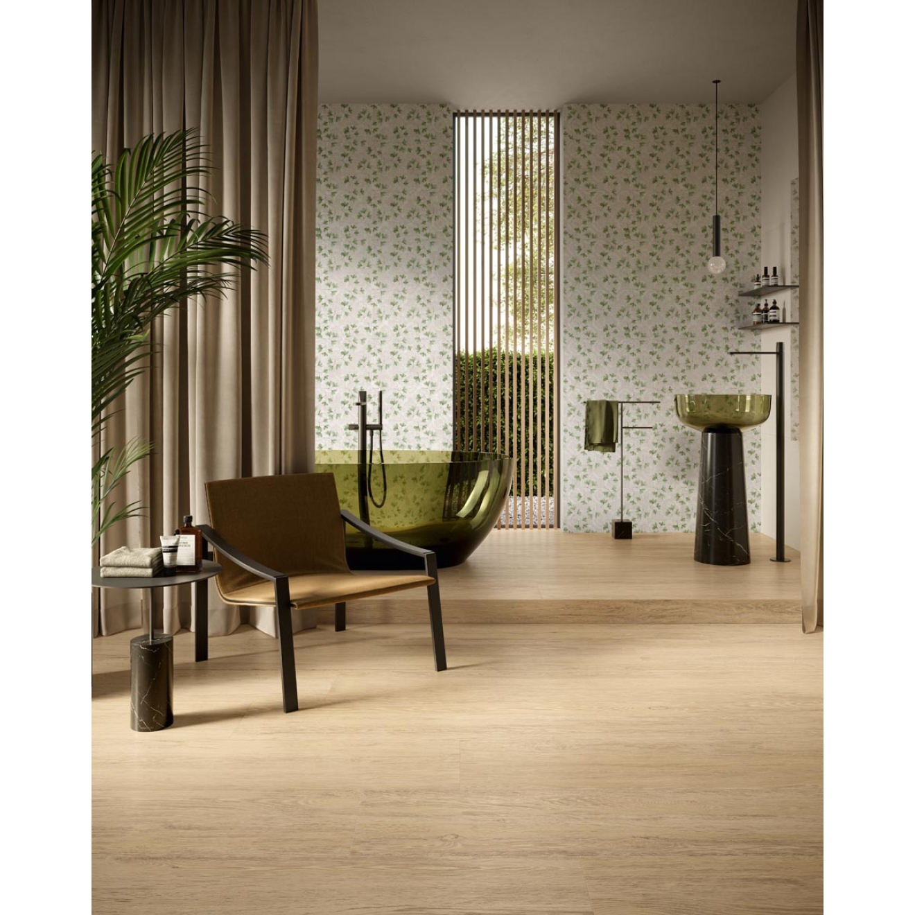 Fliese Sant Agostino Sunwood in der Farbe Light verlegt in einem Badezimmer