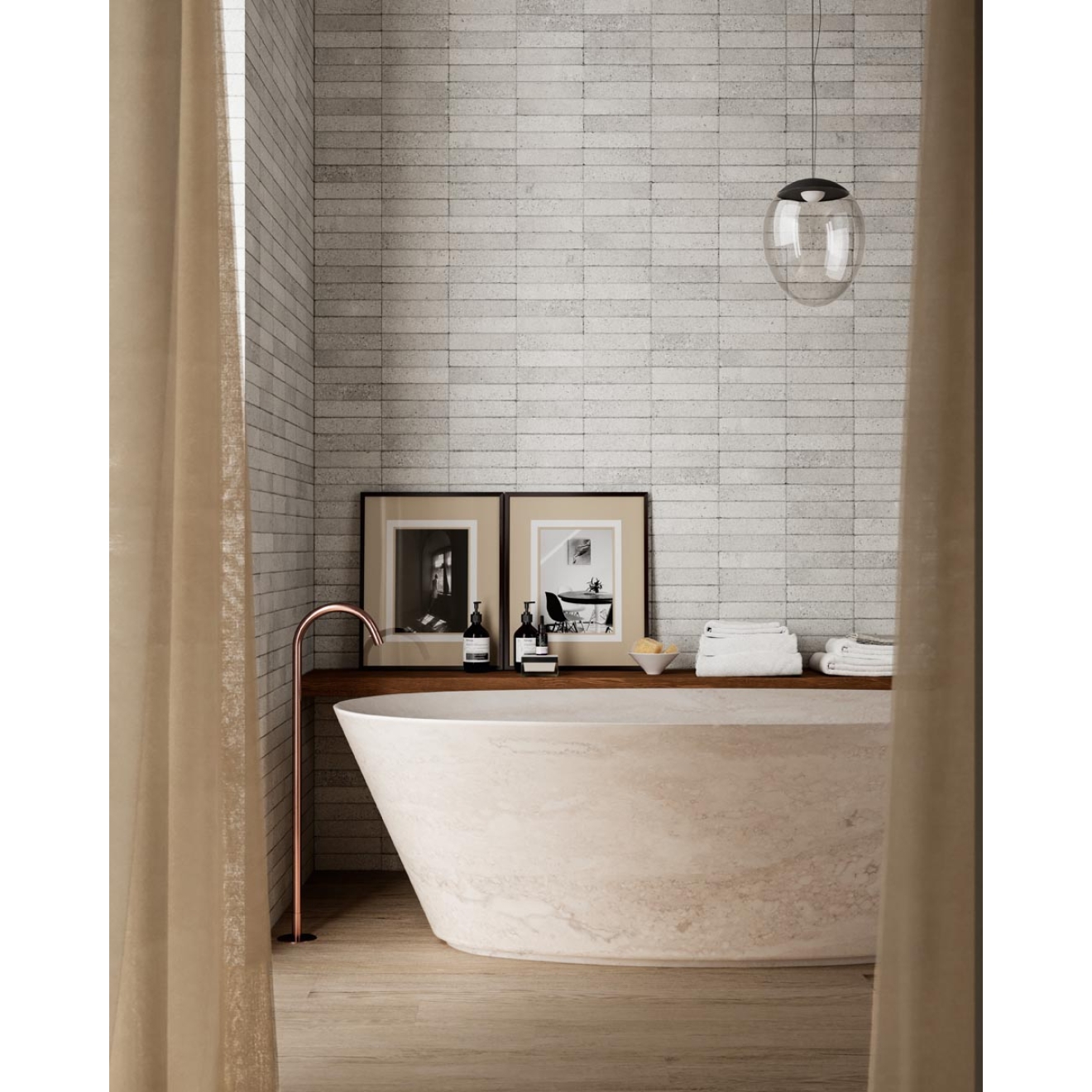 Dekor Sant Agostino Tetris in der Farbe Block Pearl verlegt in einem Badezimmer