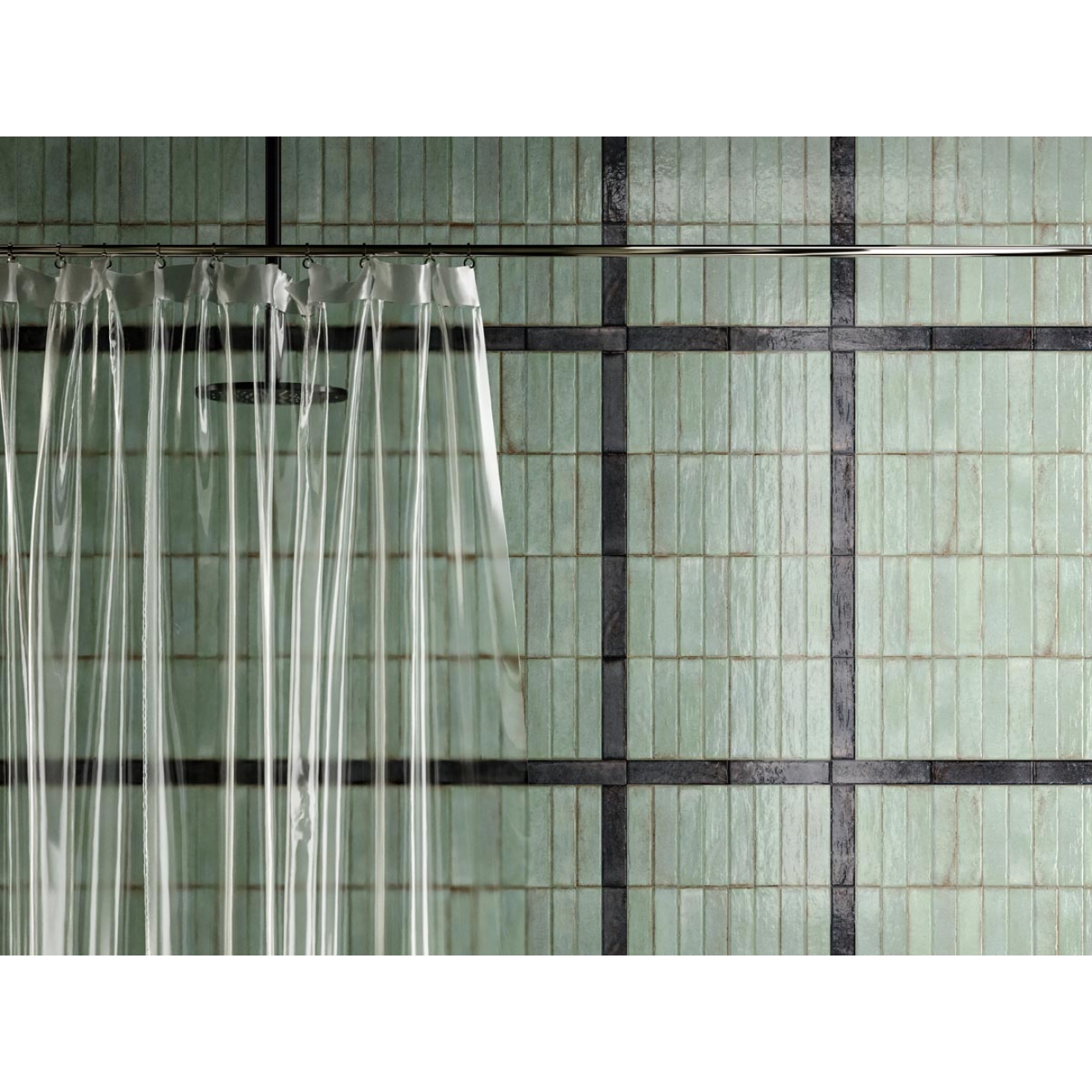 Dekor Sant Agostino Tetris in der Farbe Breeze verlegt hinter in einer Dusche