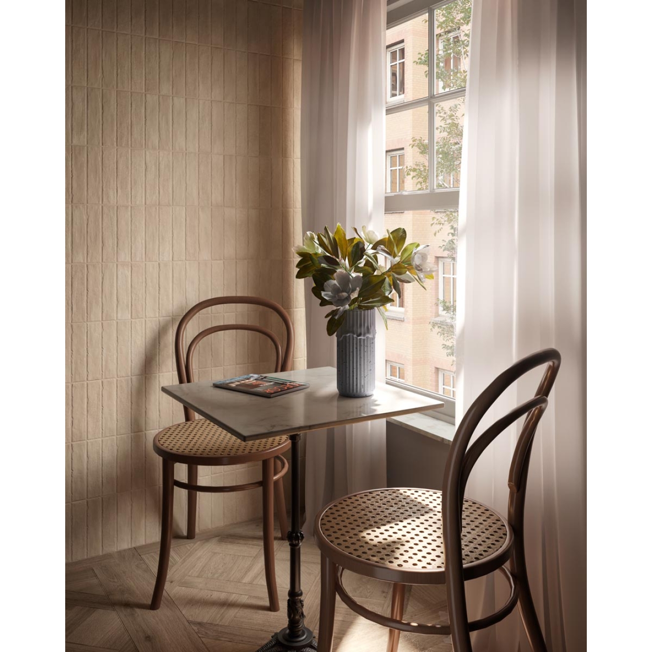 Dekor Sant Agostino Tetris in der Farbe Ecru verlegt in einem Wohnzimmer