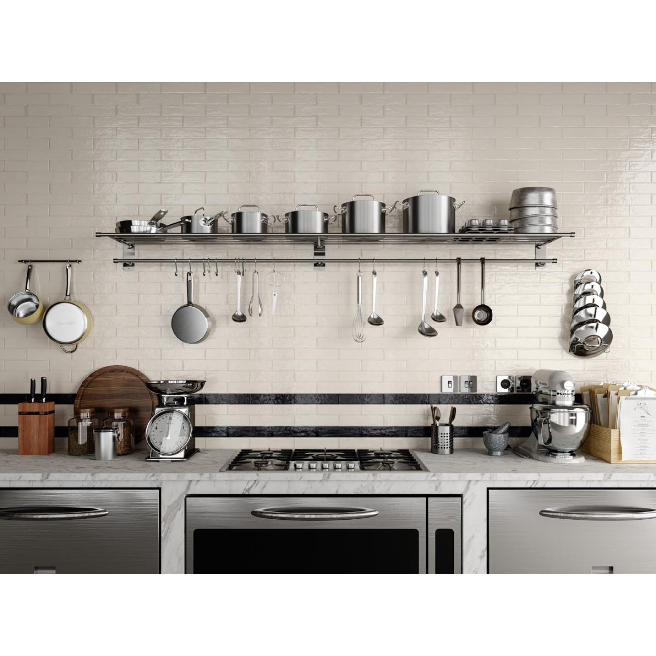 Dekor Sant Agostino Tetris in der Farbe White verlegt in einer Restaurant-Küche