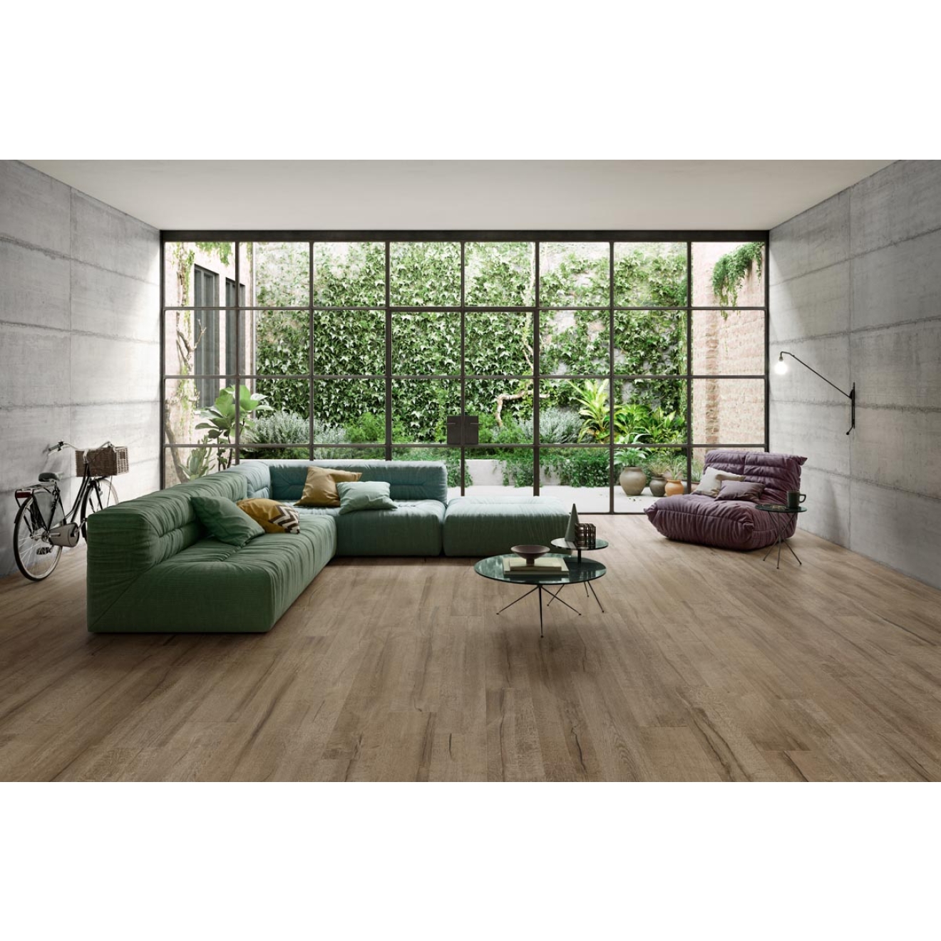 Fliese Sant Agostino Timewood in der Farbe Brown verlegt in einem Wohnzimmer