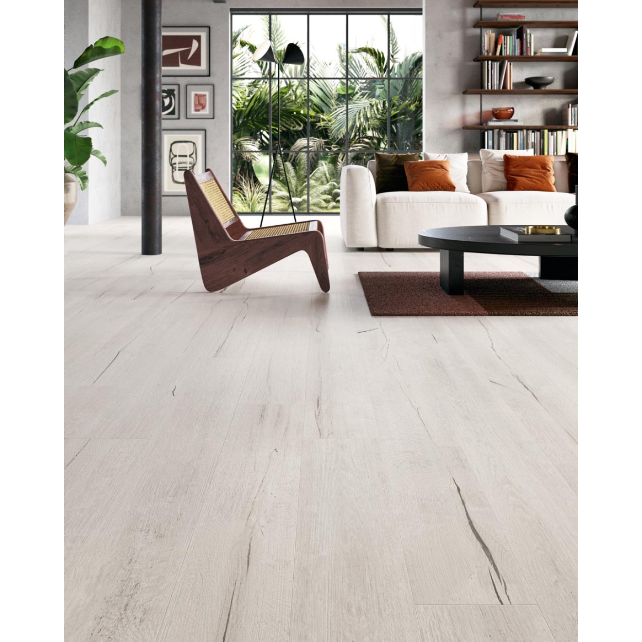 Fliese Sant Agostino Timewood in der Farbe White verlegt unter einem Sofa und einem Wohnzimmertisch