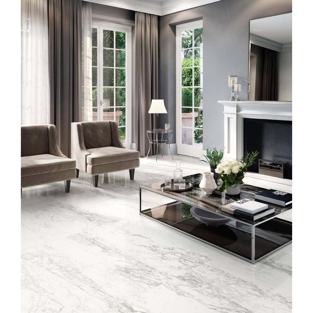 Fliese Sant Agostino Trumarmi in der Farbe Arabescato verlegt in einem Wohnzimmer