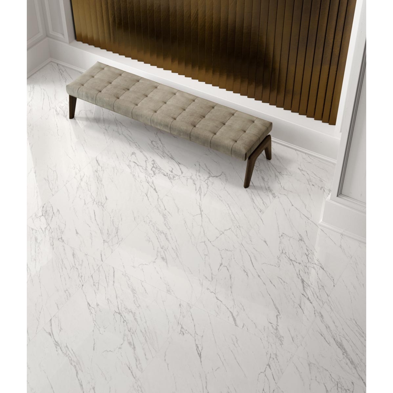 Fliese Sant Agostino Trumarmi in der Farbe Venatino verlegt unter einer Bank