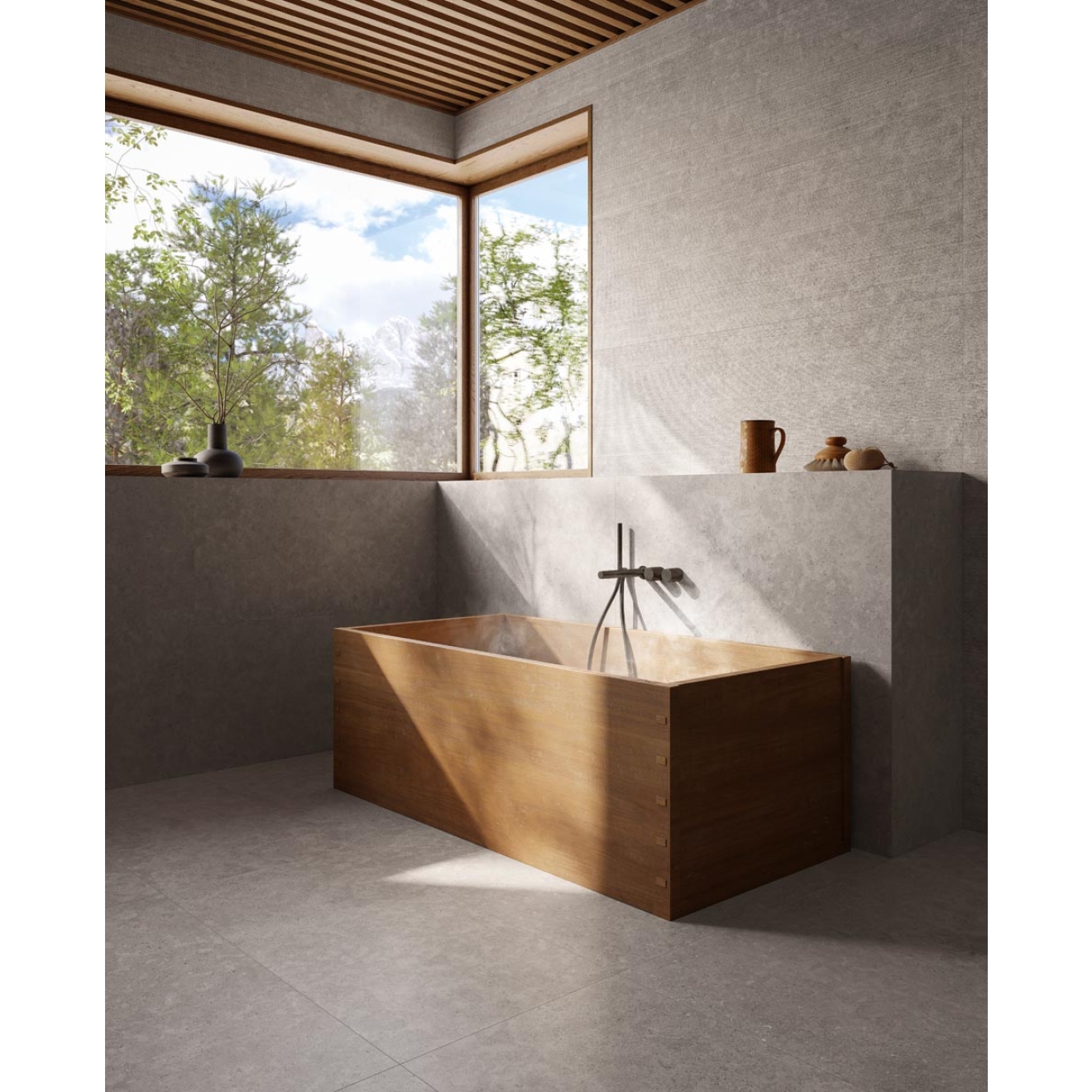 Fliese Sant Agostino Unionstone 2 in der Farbe Cedre Grey verlegt in einem Badezimmer