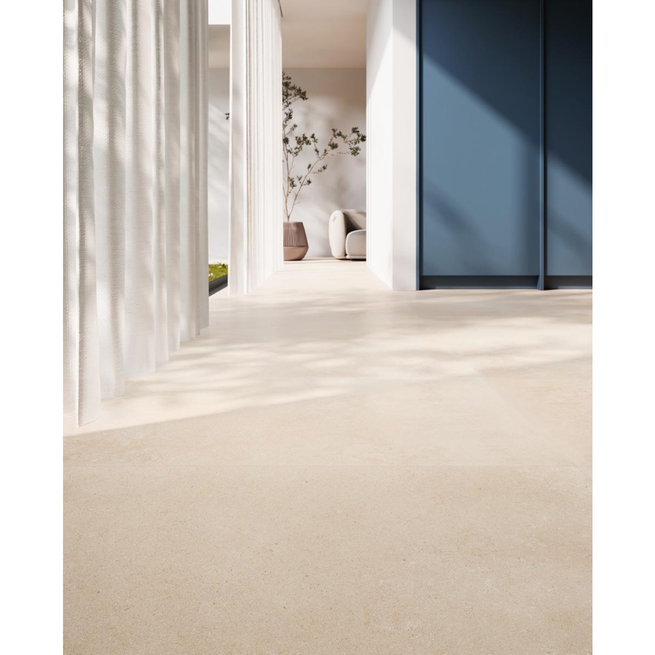 Fliese Sant Agostino Unionstone 2 in der Farbe Olimpia Avorio verlegt in einem Flur