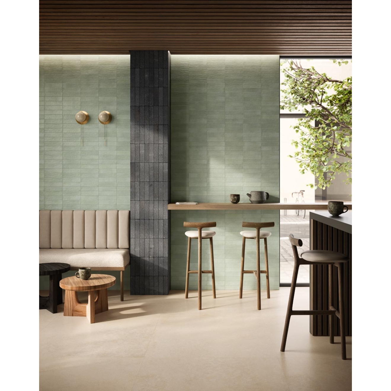 Fliese Sant Agostino Unionstone 2 in der Farbe Olimpia Avorio verlegt in einem Café