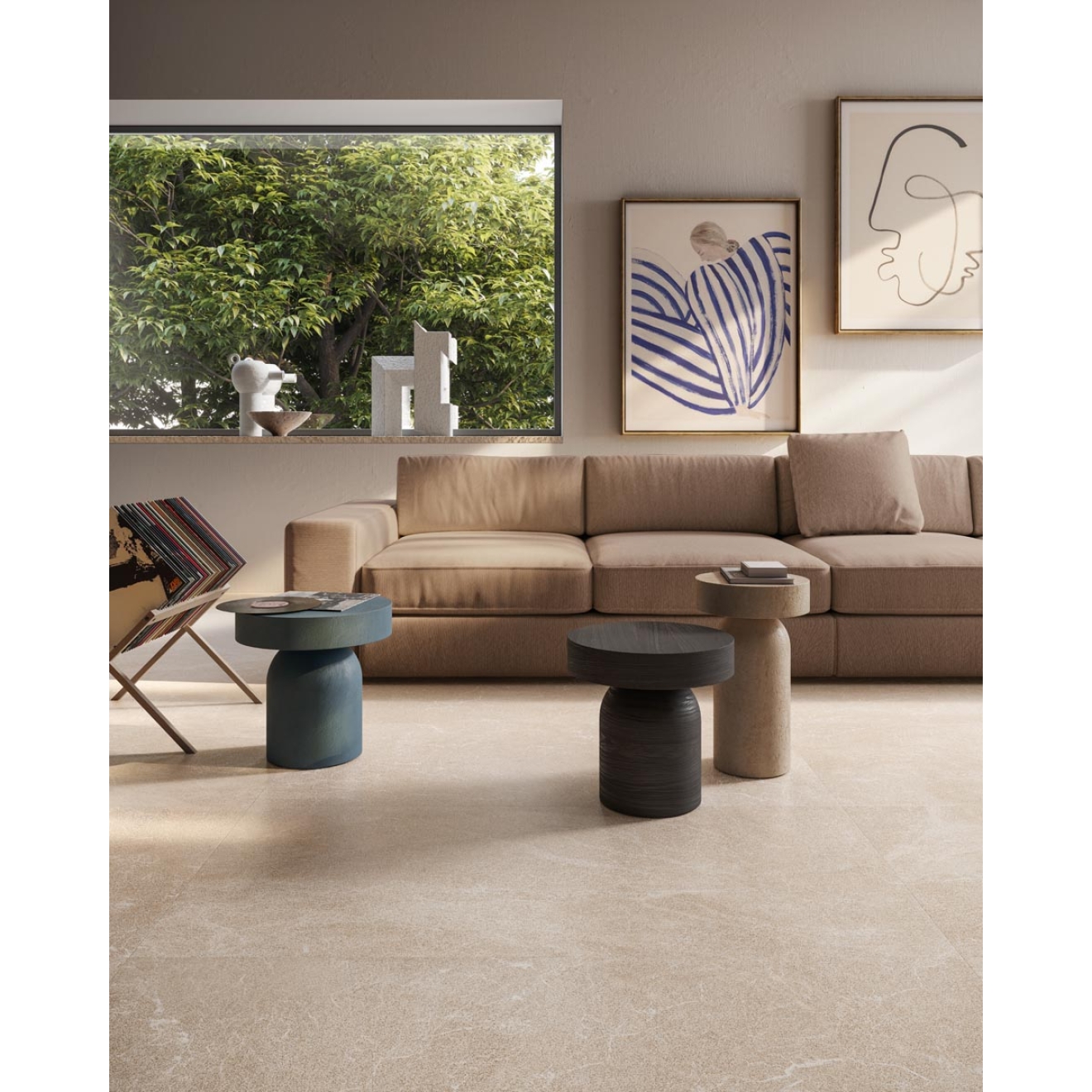 Fliese Sant Agostino Unionstone 2 in der Farbe Oriental Beige verlegt in einem Wohnzimmer