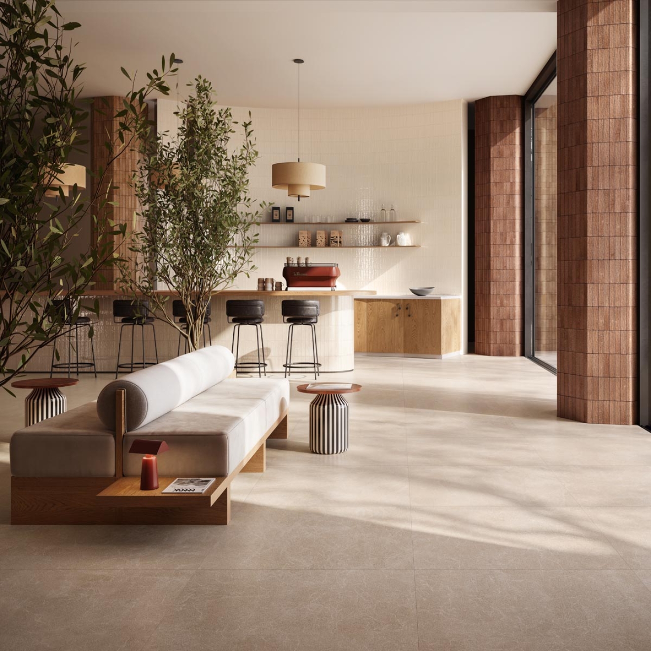 Fliese Sant Agostino Unionstone 2 in der Farbe Oriental Beige verlegt in einem Café