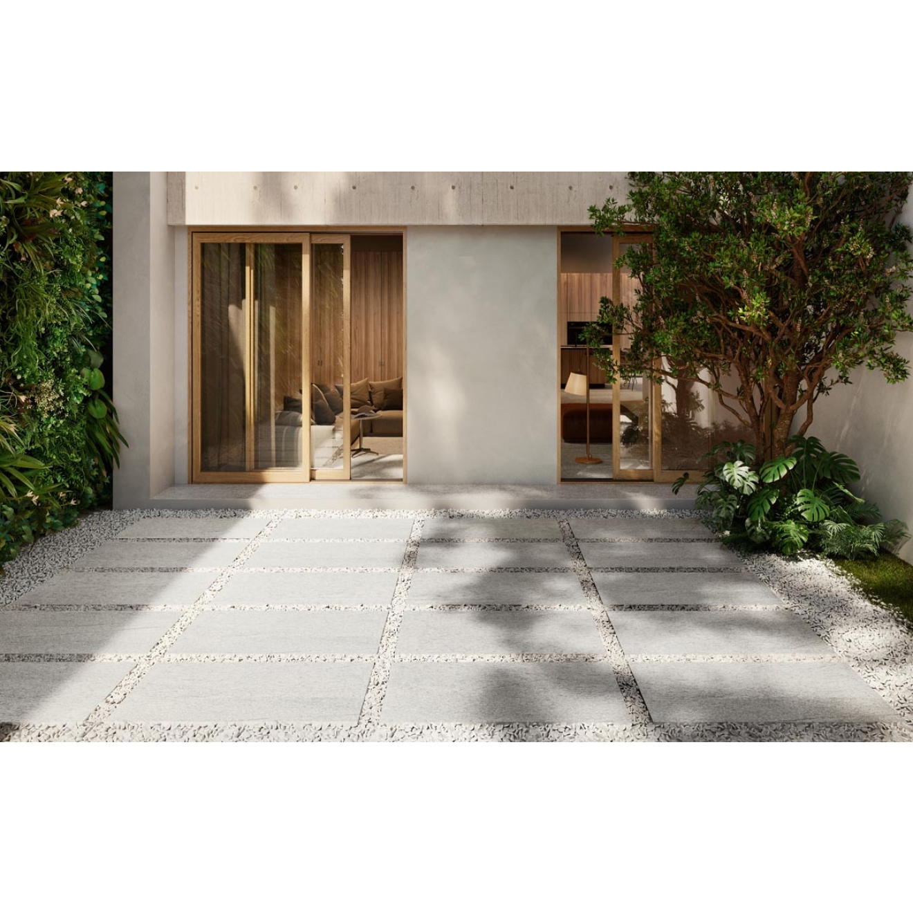 Terrassenplatte Sant Agostino Unionstone in der Farbe Duke White verlegt auf einer Terrasse