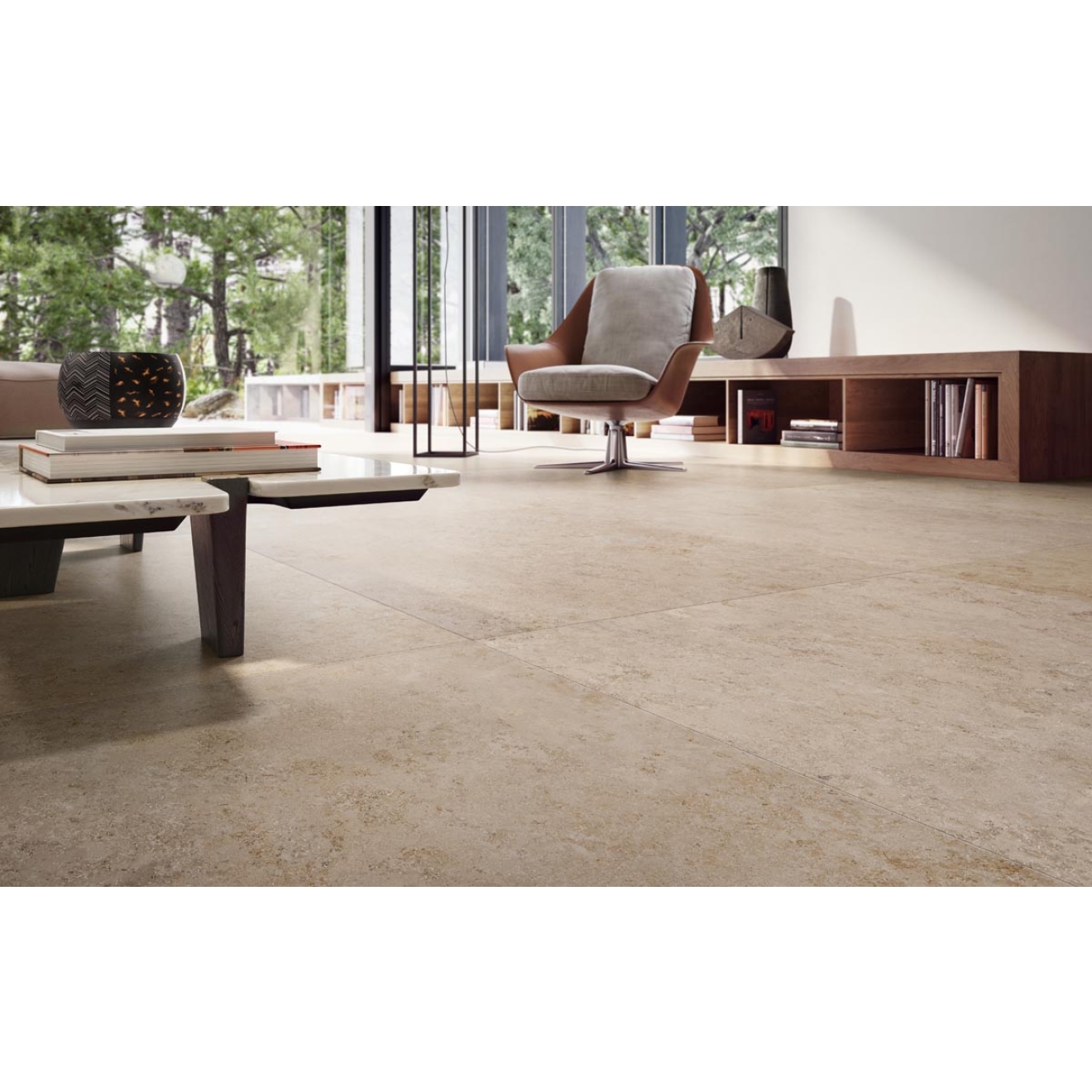 Fliese Sant Agostino Unionstone in der Farbe Jura Stone verlegt unter einem Wohnzimmertisch