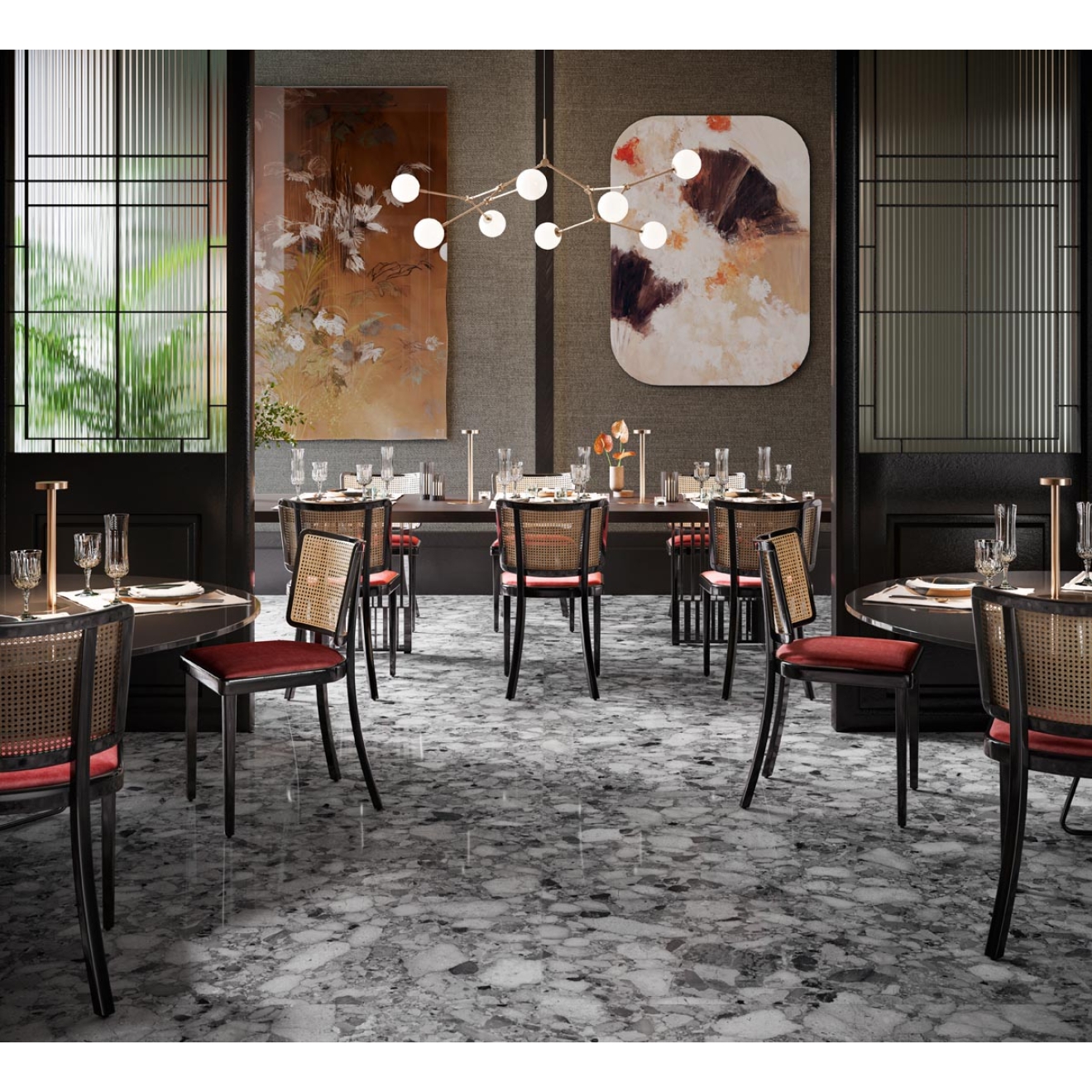 Fliese Sant Agostino Venistone in der Farbe Dark verlegt in einem Restaurant