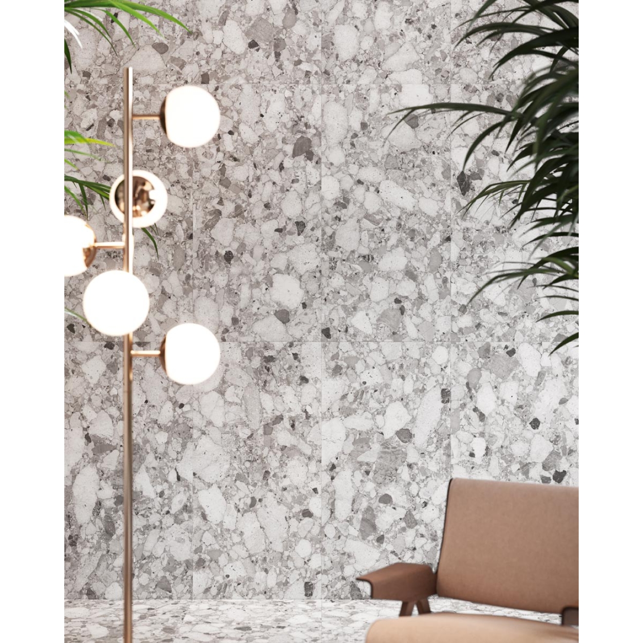 Fliese Sant Agostino Venistone in der Farbe Grey verlegt hinter einer Lampe