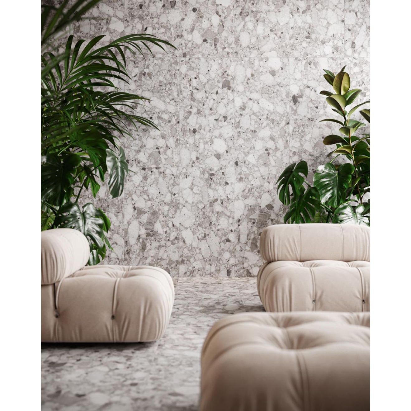 Fliese Sant Agostino Venistone in der Farbe Grey verlegt unter Sesseln