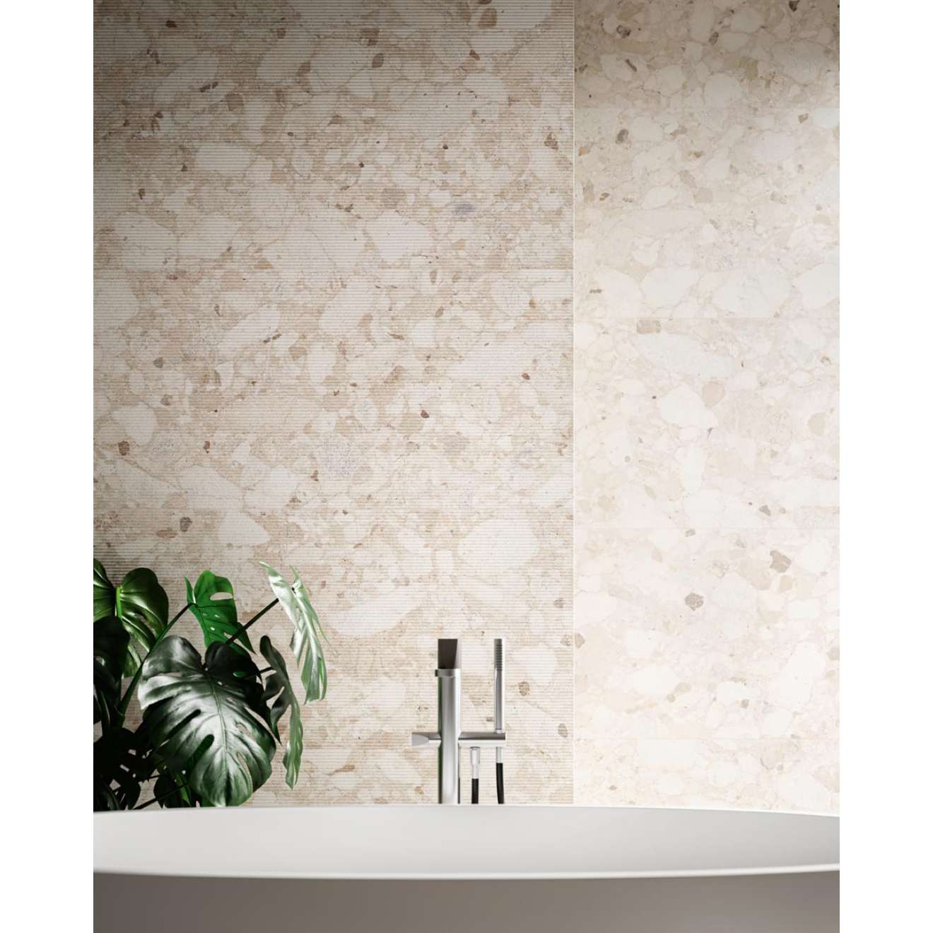 Dekor Sant Agostino Venistone in der Farbe Ivory verlegt hinter einer Badewanne