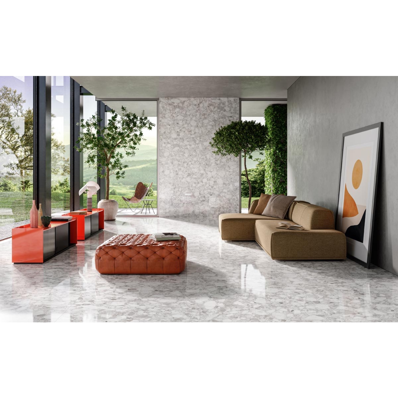 Fliese Sant Agostino Venistone in der Farbe Pearl verlegt in einem Wohnzimmer