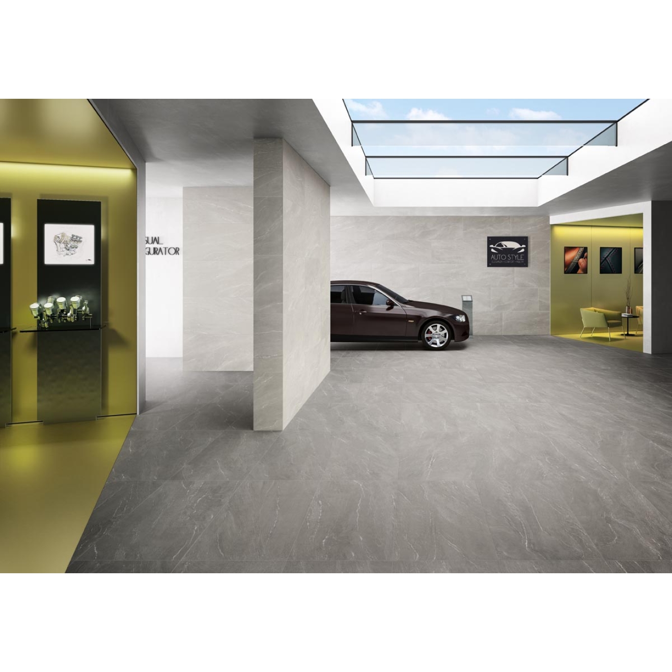 Fliese Sant Agostino Waystone in der Farbe Pearl verlegt in einem Showroom