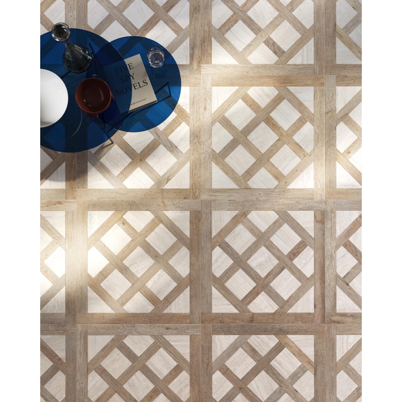 Fliese Sant Agostino Yorkwood in der Farbe Classic 2 verlegt unter zwei runden Tischen