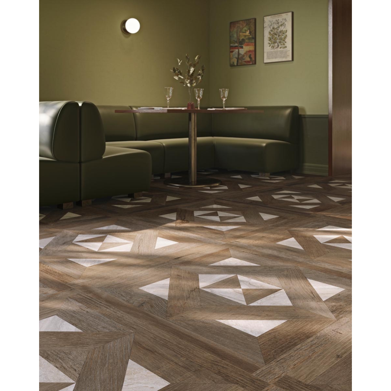 Fliese Sant Agostino Yorkwood in der Farbe Glam 1 verlegt unter einem Restauranttisch