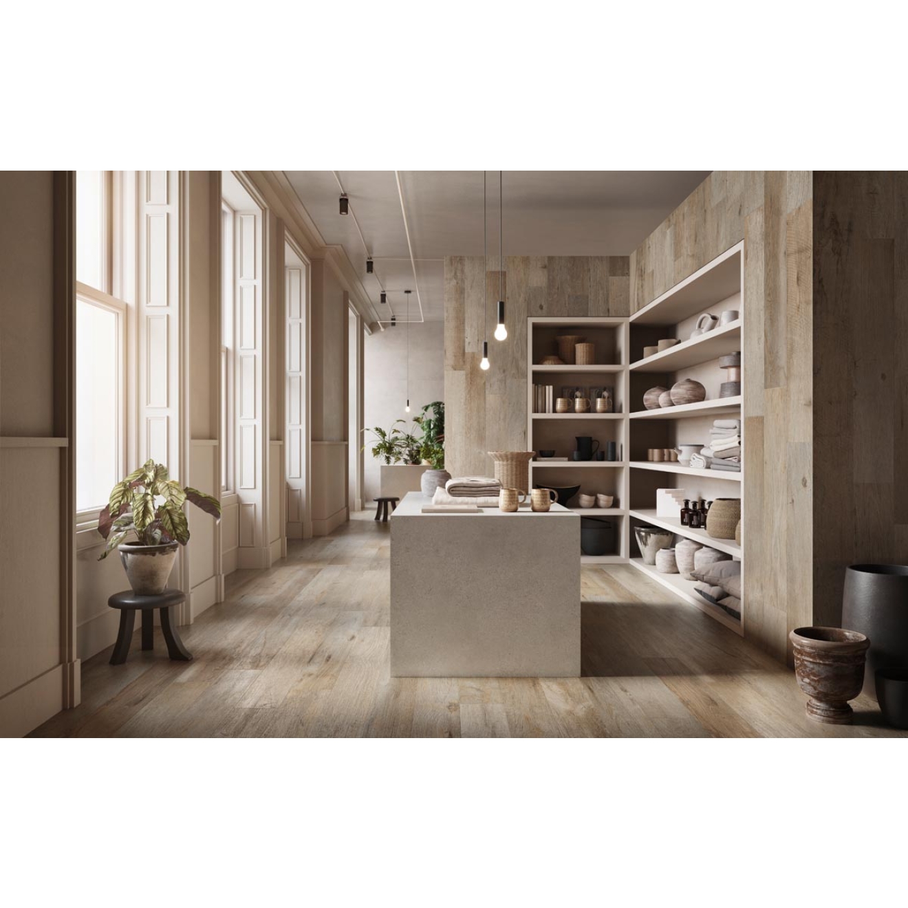 Fliese Sant Agostino Yorkwood in der Farbe Walnut verlegt in einem Geschäft