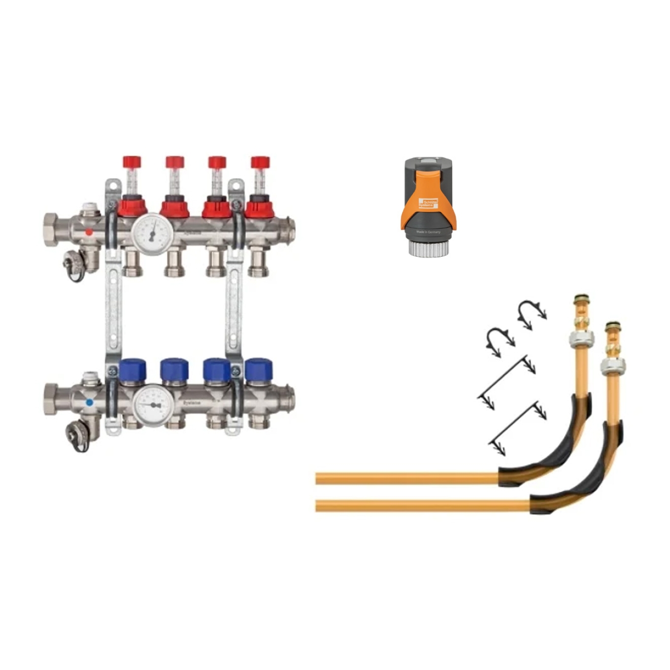 Beispeilbild Schlüter Bekotec-Therm Anschlusspaket bestehend aus links Edelstahlverteiler, mittig Stellantrieb, rechts Klemmringverschraubung mit Rohren, Winkelspange und Klammern für Noppenplatten