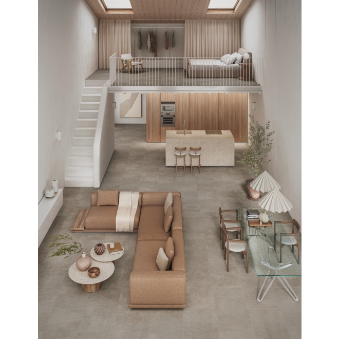 Terrassenplatte Mirage ReGea in der Farbe Noto verlegt in einem Wohnzimmer