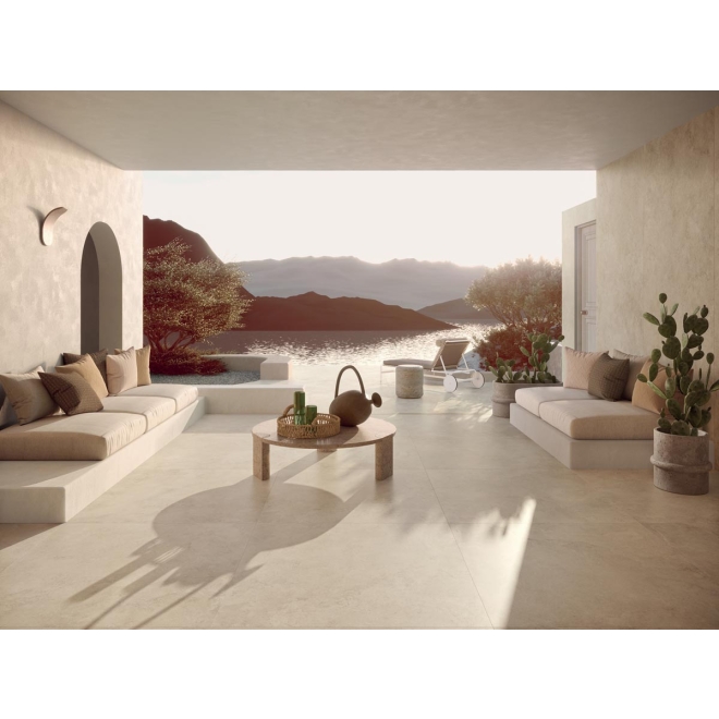 Terrassenplatte Blustyle Solaris in der Farbe Ostuni verlegt auf einer Terrasse