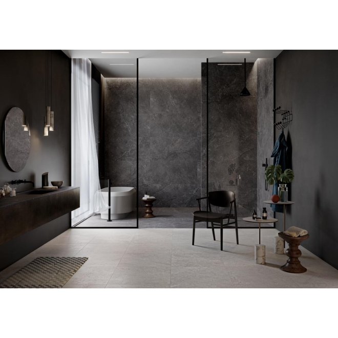 Fliese Cotto d'Este Lithos in der Farbe Carbon verlegt in einem Badezimmer