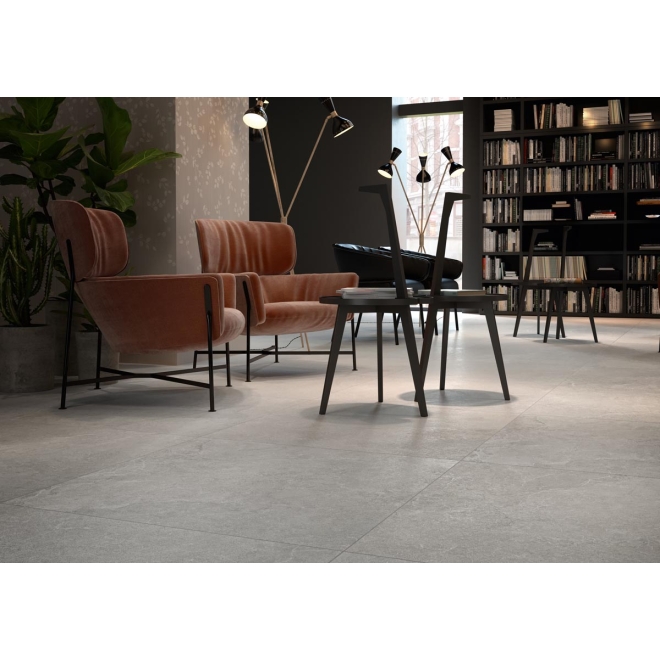 Fliese Cotto d'Este Lithos in der Farbe Stone verlegt in einer Lobby