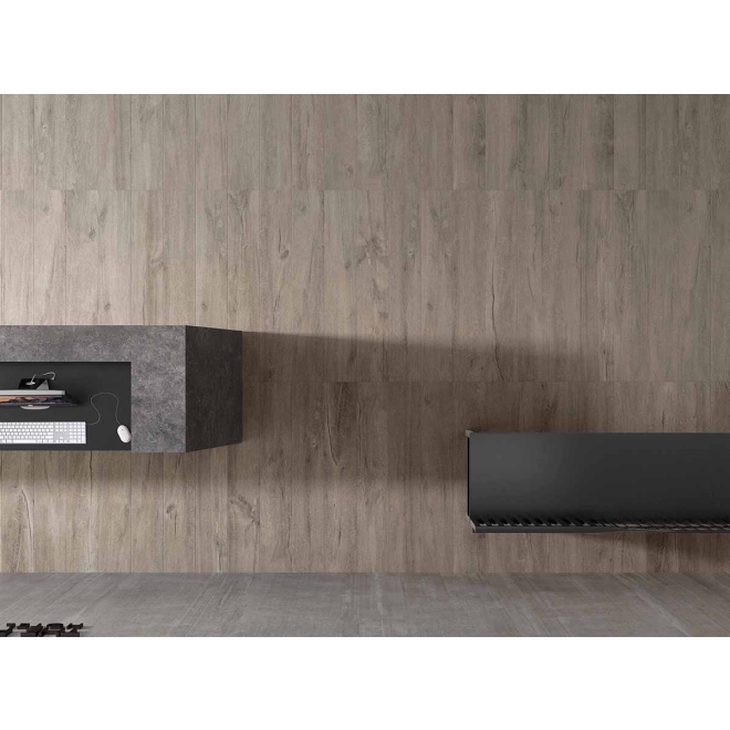 Terrassenplatte Flaviker Cozy in der Farbe Bark verlegt an einer Rezeption