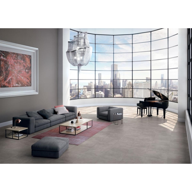 Fliese Keope Moov in der Farbe Grey verlegt in einem Loft im Wohnzimmer