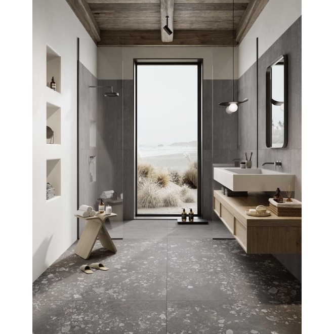 Fliese Pastorelli Yourself in der Farbe Dark Grey verlegt in einem Badezimmer