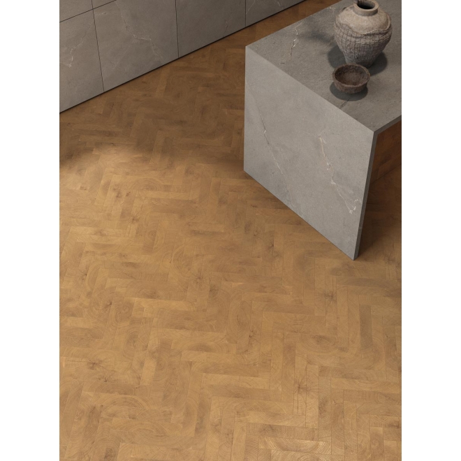 Dekor Provenza W-Circles in der Farbe Walnut verlegt unter einem Küchentisch