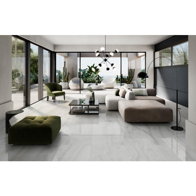 Fliese Sant Agostino Akoya in der Farbe White verlegt in einem Wohnzimmer