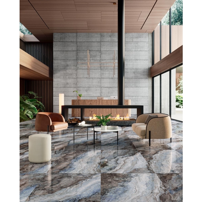 Fliese Sant Agostino Mystic in der Farbe Ocean verlegt in einem Wohnzimmer