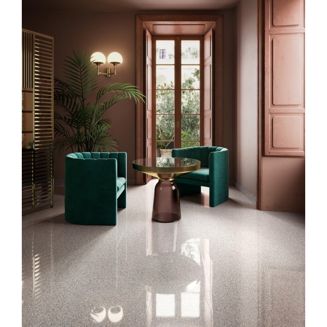 Fliese Sant Agostino Newdeco in der Farbe Pearl verlegt in einem Wohnzimmer