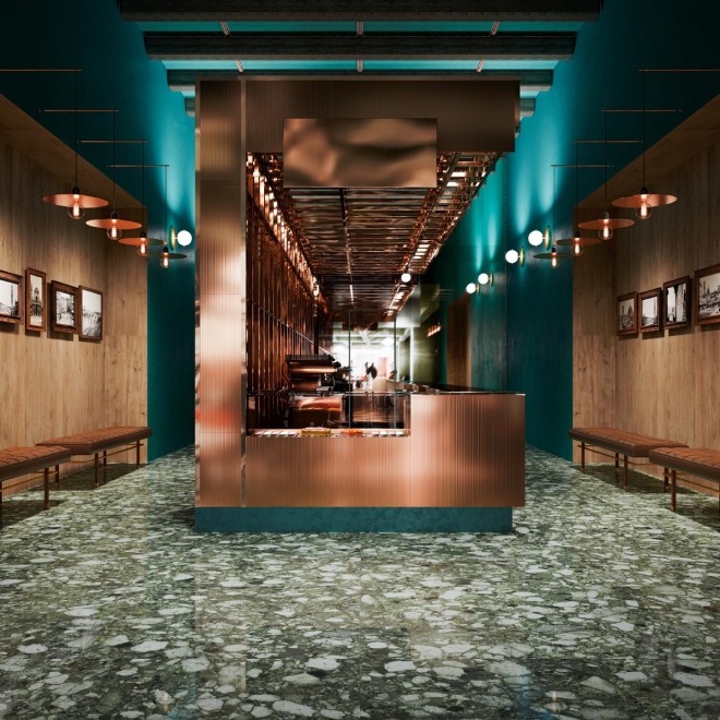 Fliese Sant Agostino Venistone in der Farbe Emerald verlegt in einem Café