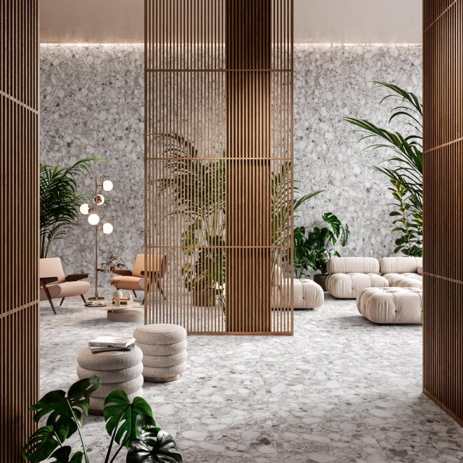 Fliese Sant Agostino Venistone in der Farbe Grey verlegt in einem Hotel