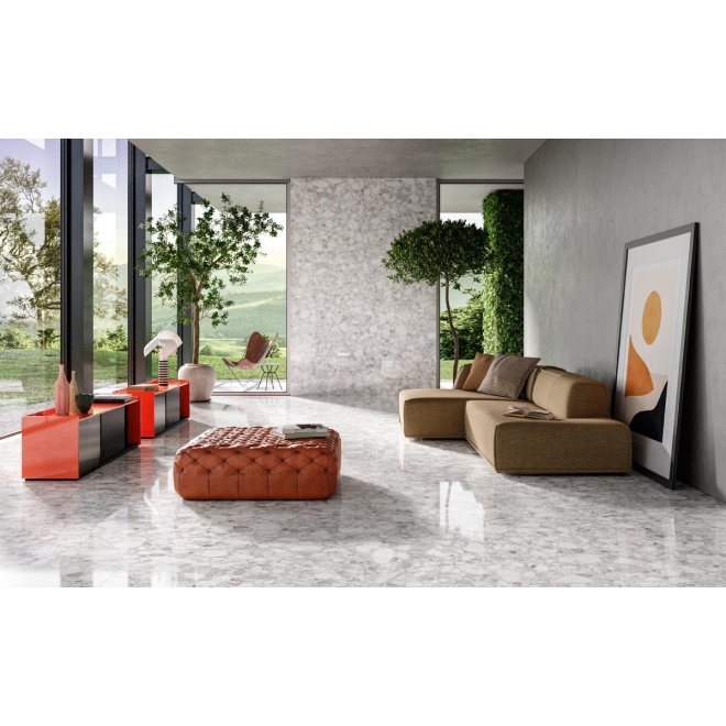 Fliese Sant Agostino Venistone in der Farbe Pearl verlegt in einem Wohnzimmer