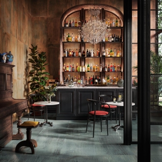 Fliese Sant Agostino Dripart in der Farbe Verdigris verlegt in einer Bar