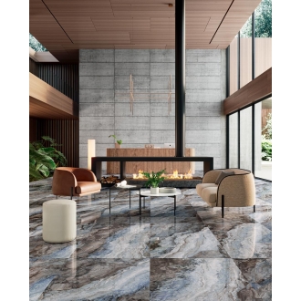 Fliese Sant Agostino Mystic in der Farbe Ocean verlegt in einem Wohnzimmer