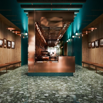 Fliese Sant Agostino Venistone in der Farbe Emerald verlegt in einem Café